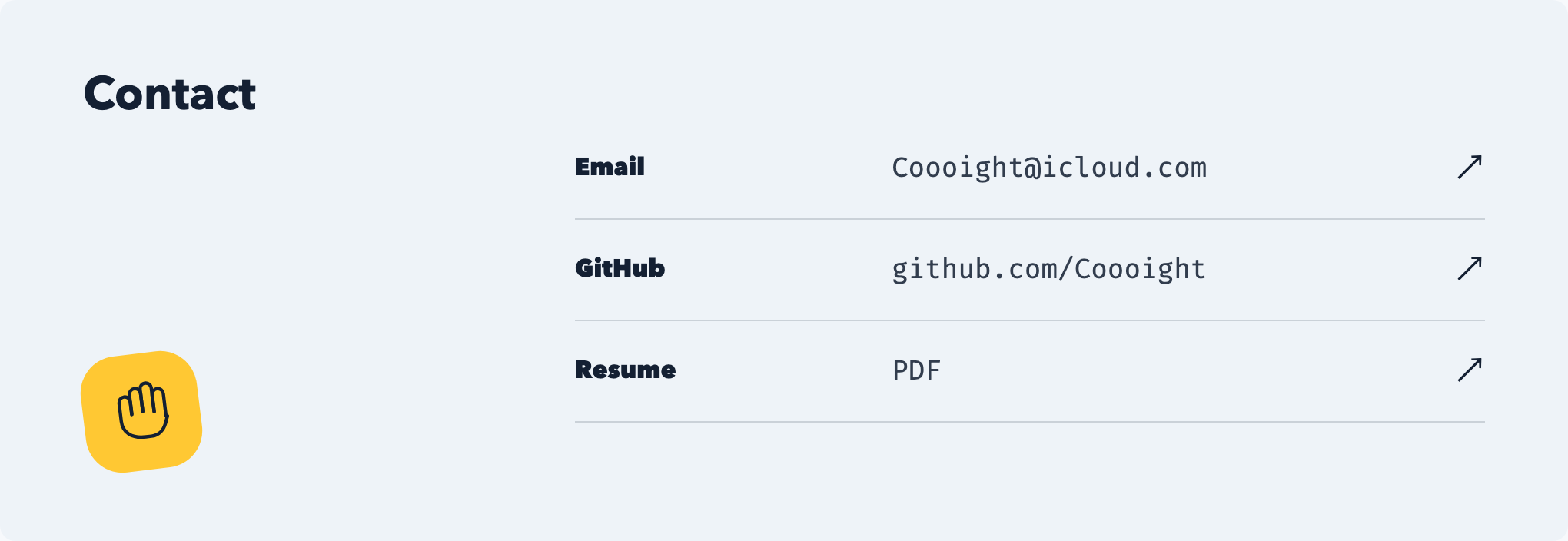 Contact 区块截图，展示带有 Email、GitHub、Resume 的动态交互卡片