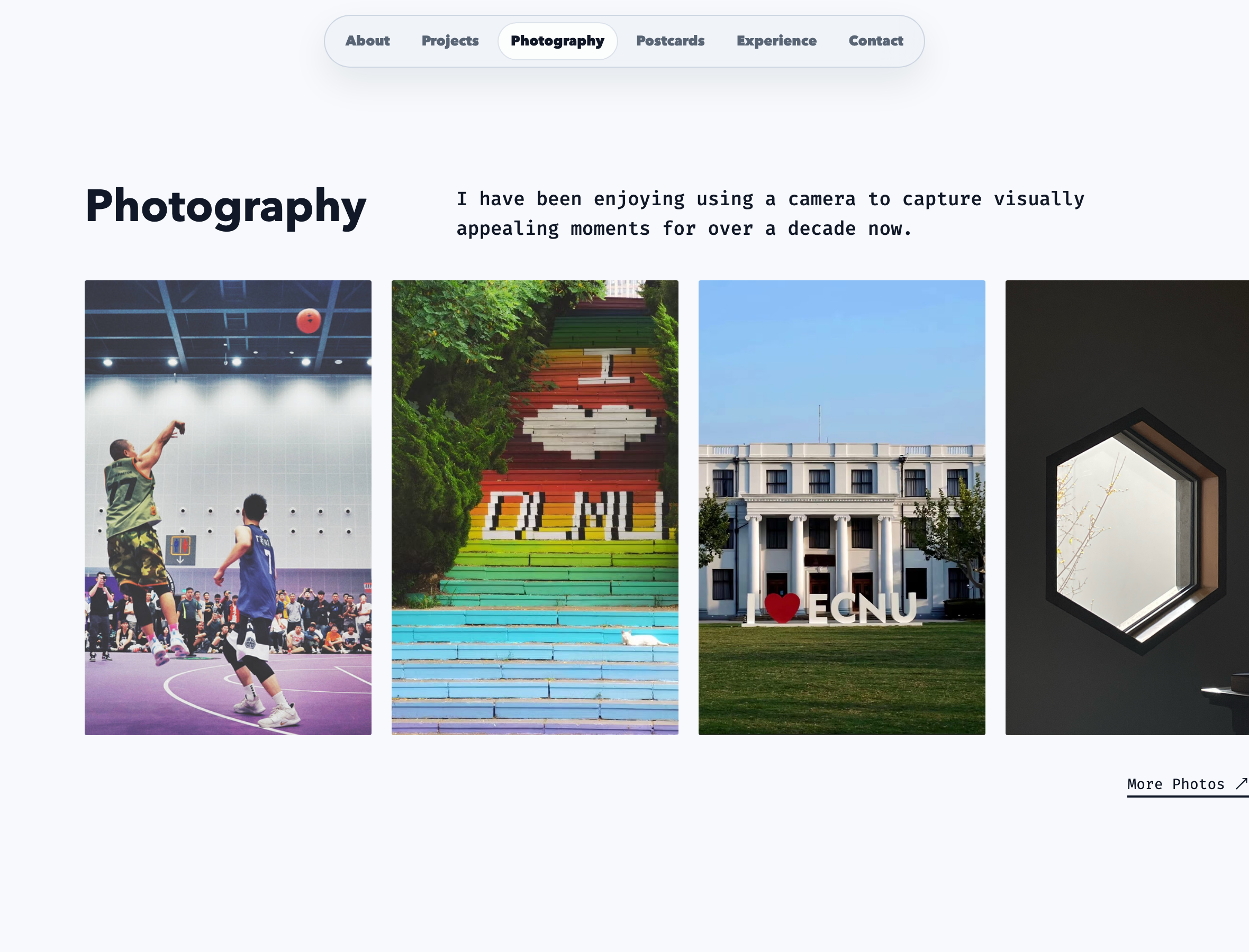 Photography 区块截图，展示大幅摄影作品横向滚动