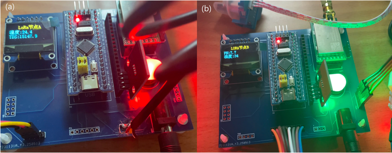 LoRa 节点 A 和节点 B 的 OLED 数据显示